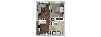 A top-down view of a modern apartment with a kitchen, living room, and bathroom.