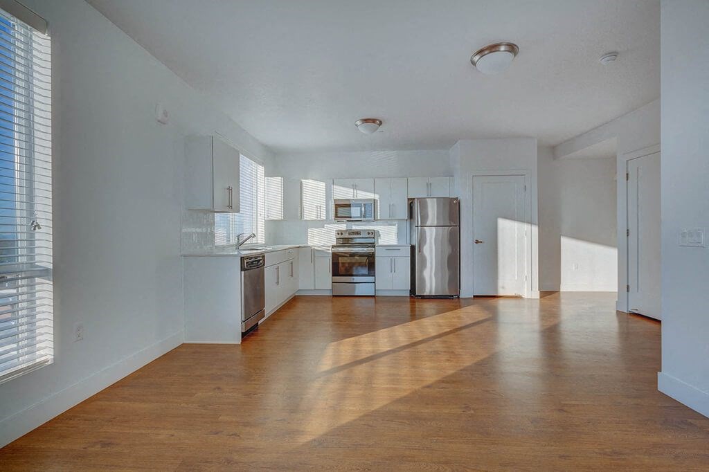 Empty living room and kitchen