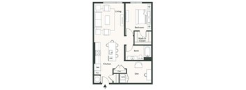 A floor plan of a house with a living room, bedroom, bathroom, kitchen, and den.