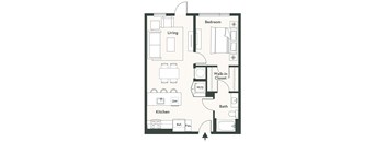 A floor plan of a small apartment with a living room, kitchen, bedroom, bathroom, and walk-in closet.
