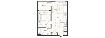 A floor plan of a small apartment with a bedroom, bathroom, kitchen, living room, and balcony.