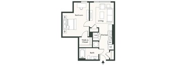 A black and white image of a floor plan for a small apartment.