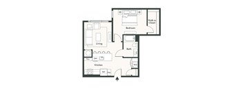A floor plan of a home showing a living room, kitchen, bedroom, bathroom, and walk-in closet.