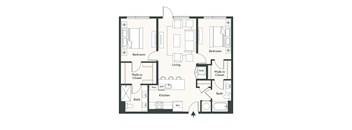 A black and white image of a house floor plan with two bedrooms, a living room, a kitchen, a bathroom, and a walk-in closet.