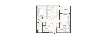 A black and white floor plan of an apartment with two bedrooms, a living room, a kitchen, a bathroom, a walk-in closet, and a reference room.