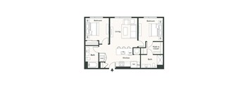A floor plan of a home with two bedrooms, a living room, a kitchen, and two bathrooms.