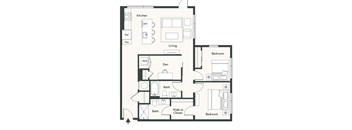 A floor plan of a house with a kitchen, living room, two bedrooms, a bathroom, a walk-in closet, and a den.
