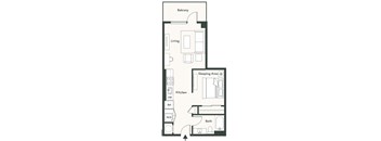 A floor plan of a small apartment with a sleeping area and kitchen.