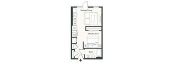 A floor plan of a small apartment with a kitchen, sleeping area, and bath.