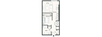A floor plan of a small apartment with a living room, kitchen, sleeping area, and bathroom.