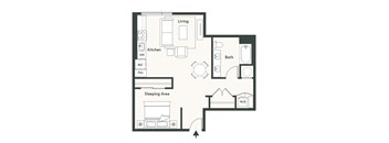 A floor plan of a house with a kitchen, living room, bathroom, and sleeping area.