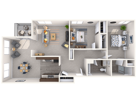 A 3D floor plan of a small apartment with a living room, kitchen, and bedroom.