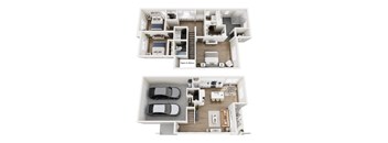 A top and bottom floor plan of a house with a garage and a living room.