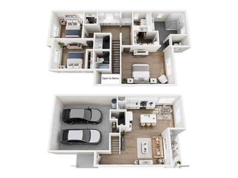 A top and bottom floor plan of a house with a garage and a living room.