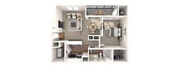 a 3d rendering of a floor plan with a bedroom and living room