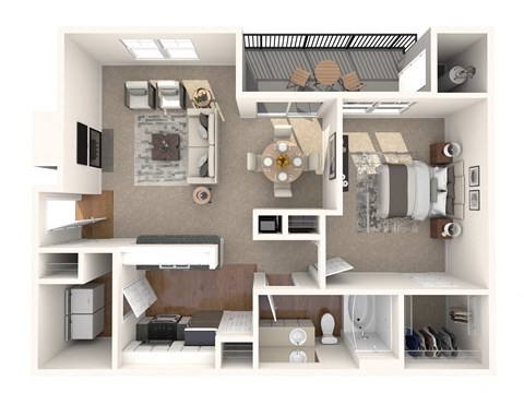 a 3d rendering of a floor plan with a bedroom and living room