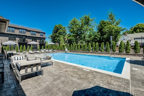 A swimming pool surrounded by trees and lounge chairs.