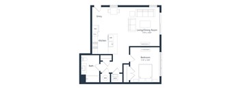 A floor plan of a house with a living/dining room, kitchen, bath, and bedroom.