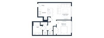 A floor plan of a home with a kitchen, living room, and two bedrooms.