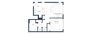 A floor plan of a house with a kitchen, living room, dining room, bathroom, and bedroom.