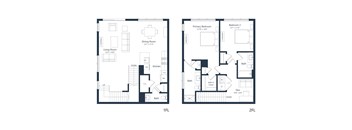 A floor plan of a 1 bedroom and a 2 bedroom apartment.