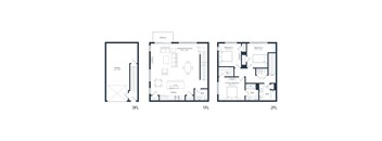 A set of three floor plans for a house with one, two, and three bedrooms.