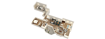 A 3D floor plan of a house with a car parked in the garage.