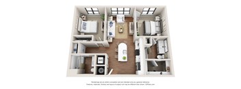 A 3D floor plan of a small apartment with a kitchen, living room, and bedrooms.