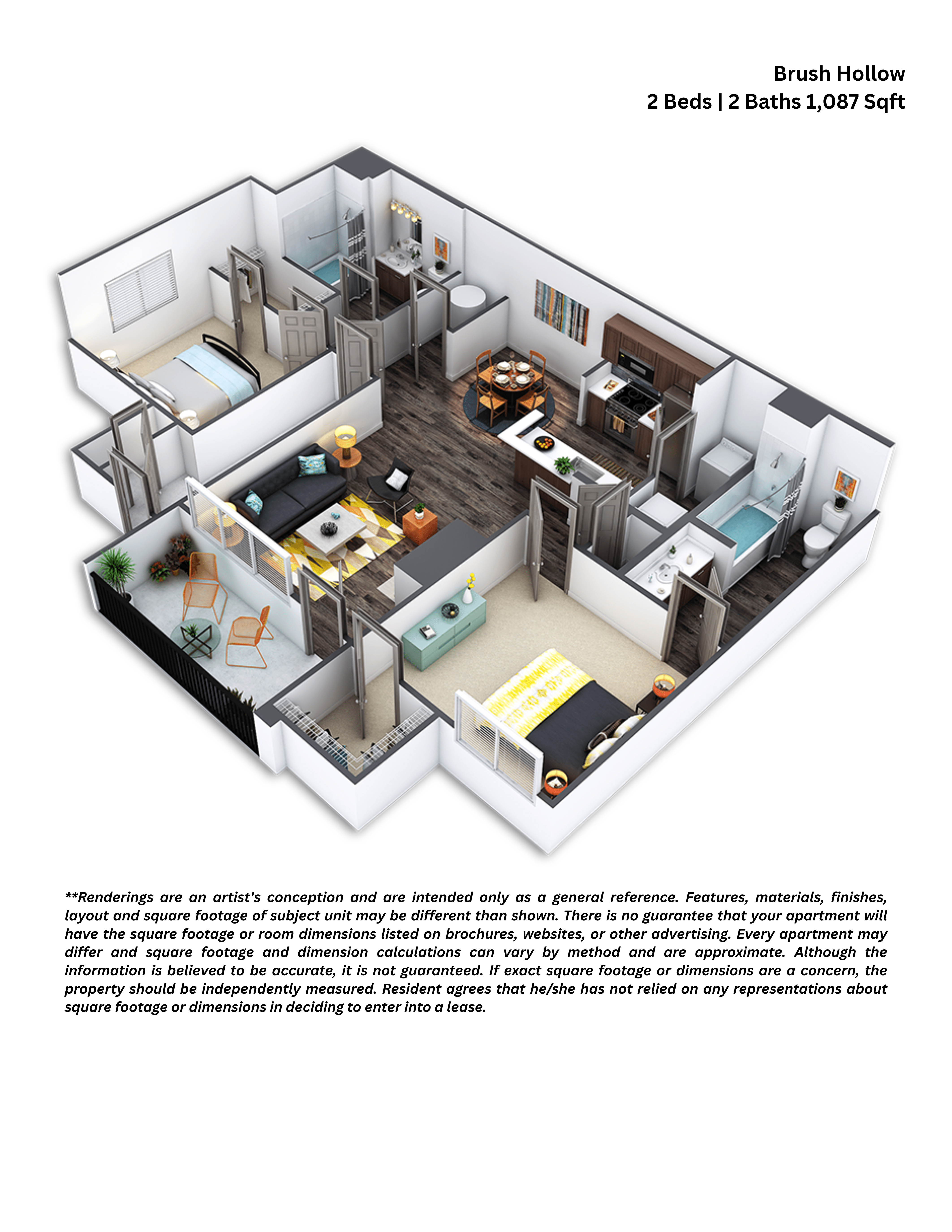 A 3D floor plan of a Brush Hollow apartment with 2 bedrooms and 2 bathrooms.