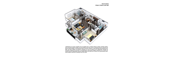 A 3D floor plan of a Brush Hollow apartment with 2 bedrooms and 2 bathrooms.