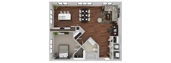 A top-down view of a small apartment with a bedroom, living room, and kitchen.