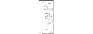 A floor plan of a house with a living room, kitchen, dining room, and bathroom.