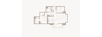 A floor plan of a house with a kitchen, living room, and two bedrooms.