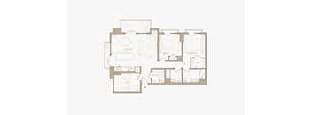 A floor plan of a house with a living room, two bedrooms, a bathroom, and a kitchen.