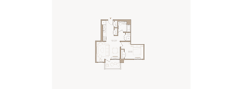 A floor plan of a house with a kitchen, living room, dining room, and two bedrooms.