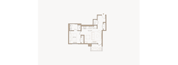 A floor plan of a house with a kitchen, living room, and two bedrooms.