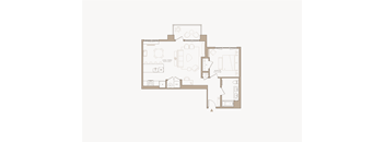 A floor plan of a house with a kitchen, living room, and two bedrooms.
