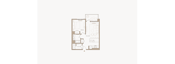 A floor plan of a house with a kitchen, living room, and two bedrooms.