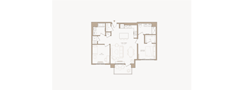 A floor plan of a house with a kitchen, living room, and two bedrooms.