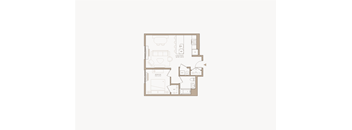 A floor plan of a house with a kitchen, living room, and two bedrooms.