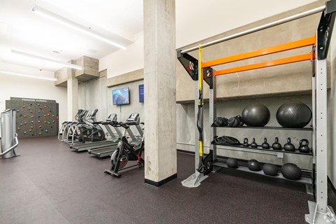 a gym with weights and a wall with a rock climbing wall