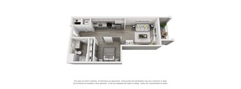 A floor plan of an apartment with a kitchen, living room, and bedrooms.