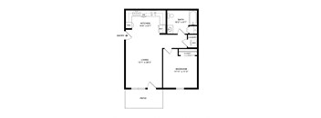 A floor plan of a living space with a kitchen, bathroom, bedroom, and laundry area.