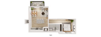 A 3D floor plan of a Byrd apartment.