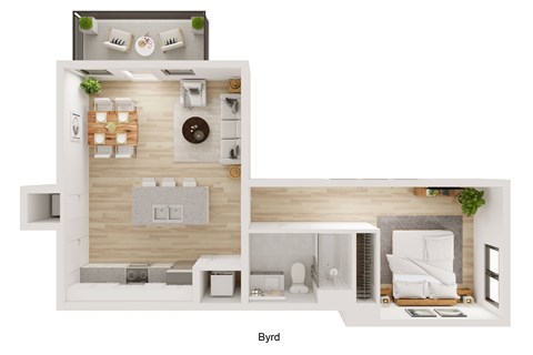 A 3D floor plan of a Byrd apartment.