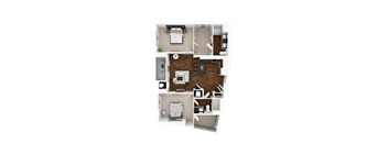A top-down view of a small apartment with a living room, kitchen, and two bedrooms.