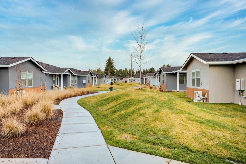 a row of houses in a neighbourhood with a sidewalk