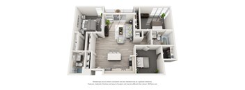 A 3D floor plan of a house with a kitchen, living room, and bedrooms.