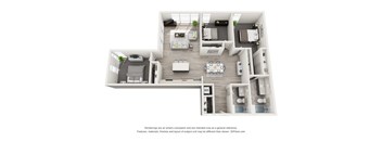 A 3D floor plan of a house with a living room, kitchen, and two bedrooms.