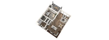 A 3D rendered image of a house layout.